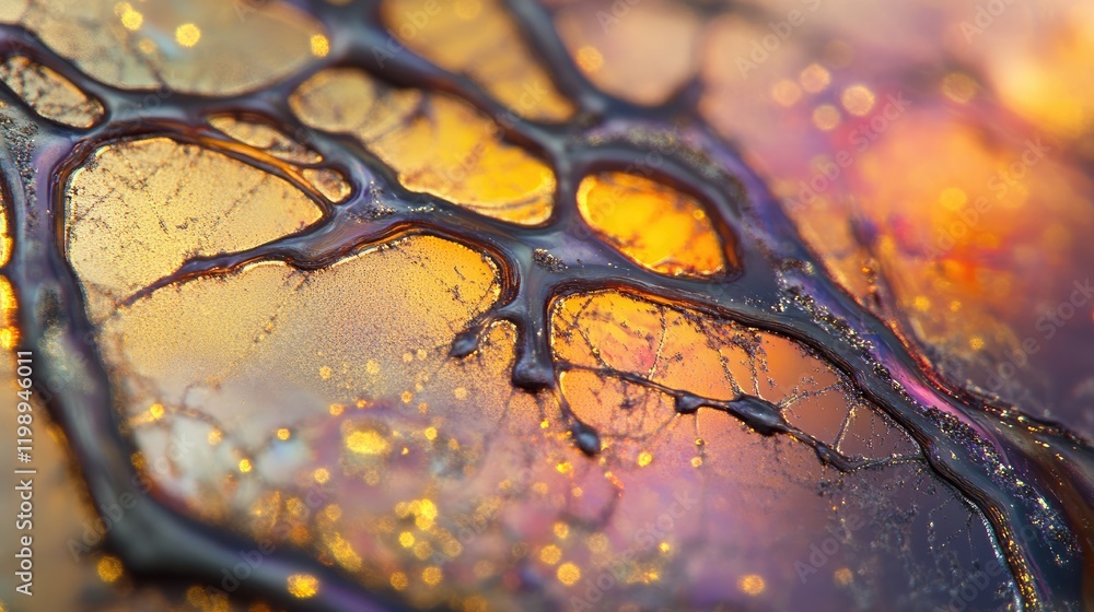 Poster abstract macro photograph of colorful oil and water surface with intricate patterns and textures, fe