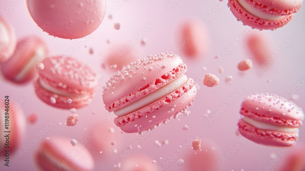 Poster pink macarons floating with sugar crystals on a soft pink background providing ample copy space for 
