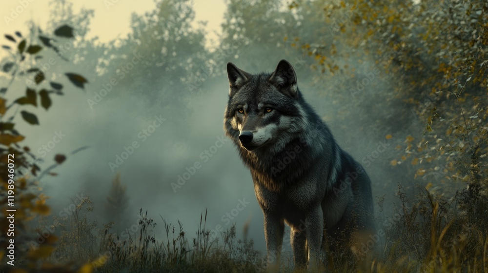 Poster realistic wolf standing in a foggy forest setting with foliage in the foreground and soft light filt