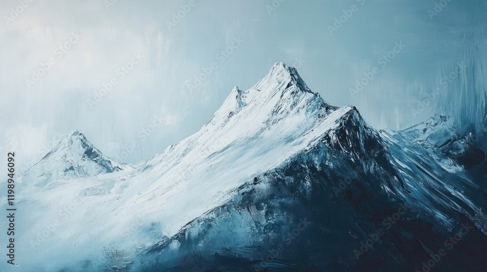 Poster snow-capped mountain peaks under a cloudy sky with soft blue tones and ample copy space for text pla