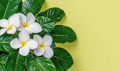 Naklejka premium Beautiful white flowers with green leaves on a yellow background.