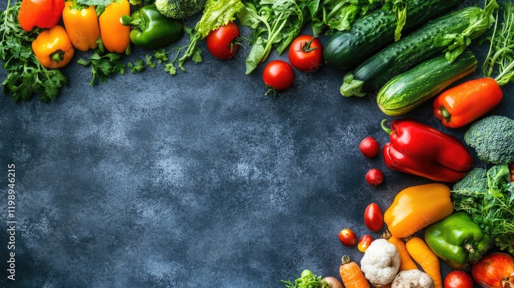Poster fresh assorted vegetables on a textured dark background with ample copy space for text or graphics.
