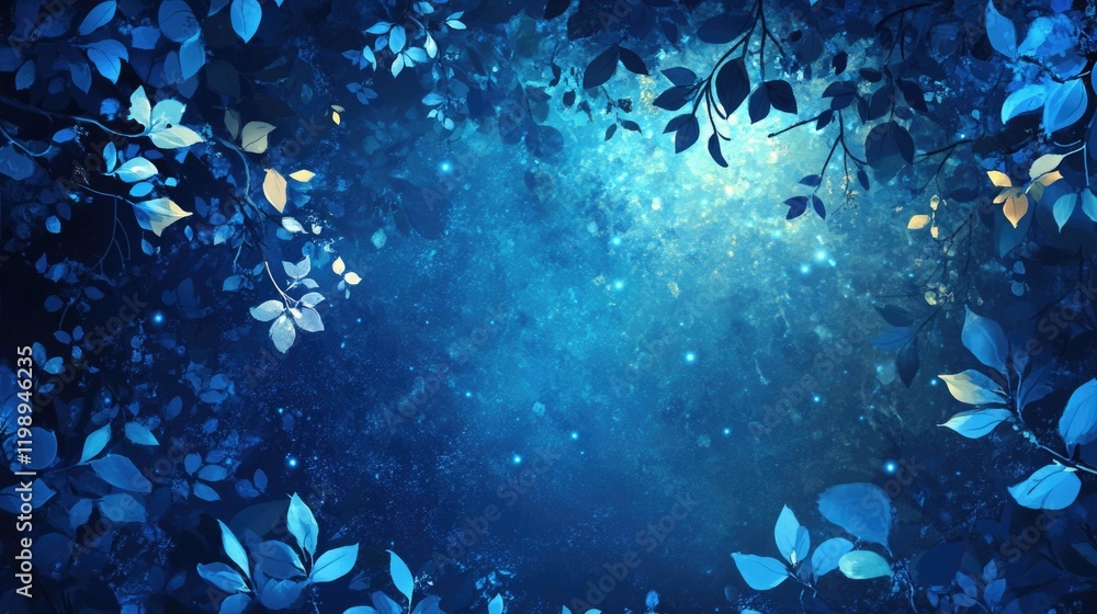 Poster blue foliage background with glowing lights and soft bokeh effect, ideal for creating a tranquil atm