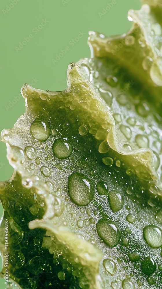 Poster close examination reveals the intricate texture of an asparagus leaf, adorned with shimmering drople
