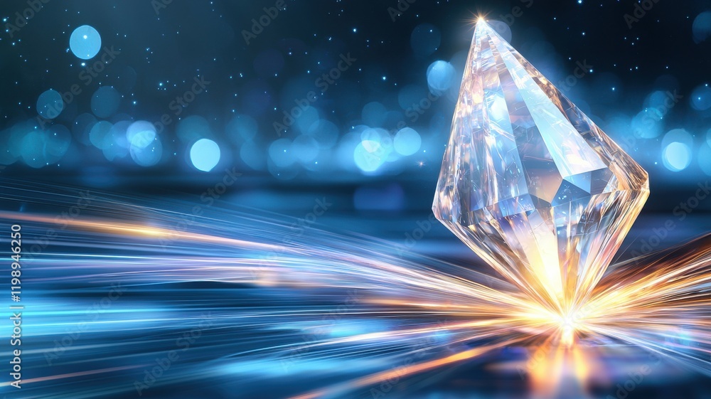 Poster a sparkling crystal prism emits light beams, set against a blurred, illuminated background, creating