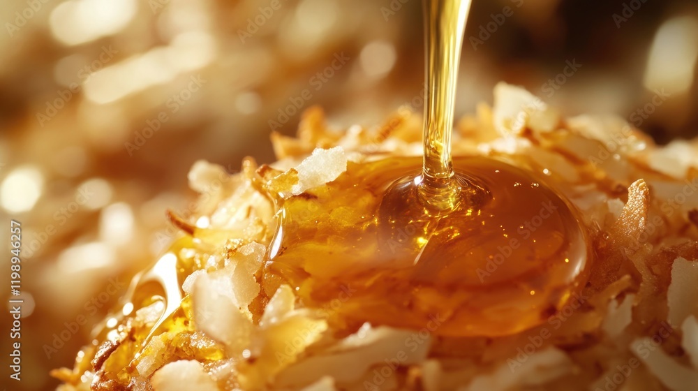 Aufkleber close-up of a coconut macaroon topped with honey drizzle on a blurred background with copy space