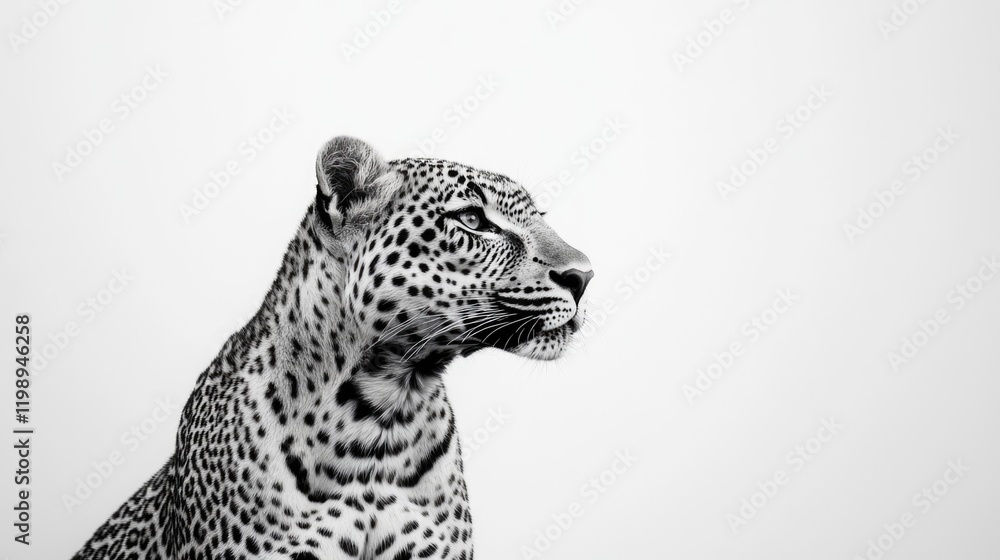 Poster black and white portrait of a leopard showcasing detailed fur patterns with copy space for text plac