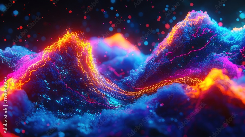 Poster vivid neon synthesized wave composition with futuristic cosmic backdrop and copy space for text in b