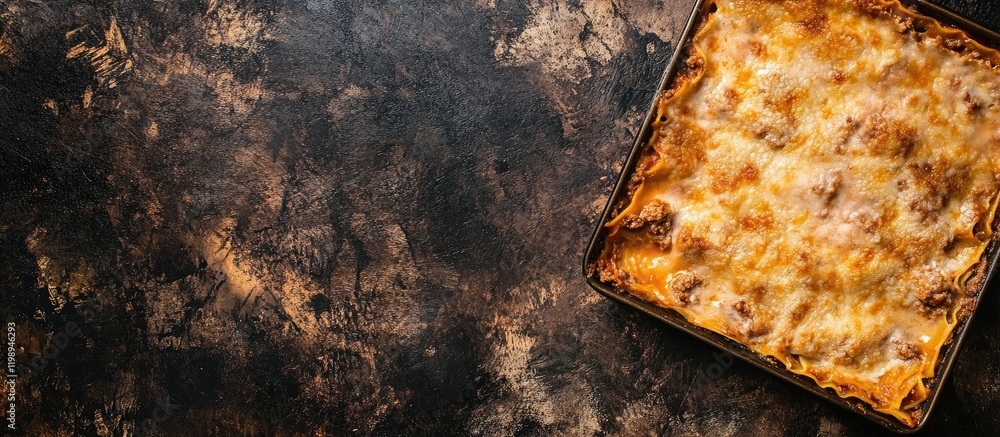 Poster baked lasagna in a rectangular metal dish on a dark textured surface with copy space for text placem