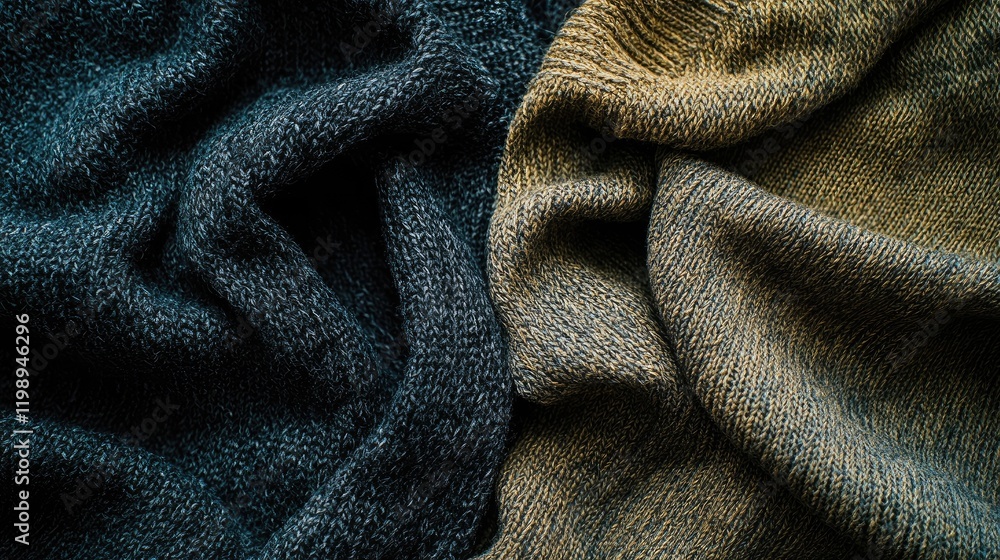 Poster textured fabric close-up in dark green and mustard yellow colors with soft folds and copy space for 