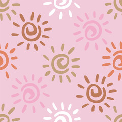 Seamless pattern with hand drawn suns with sunbursts in retro style. Childish pastel sun print. Vector texture for fabric, textile, wallpaper.