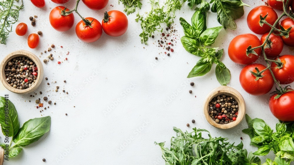Aufkleber fresh tomatoes herbs and spices arranged on a light surface with copy space for text