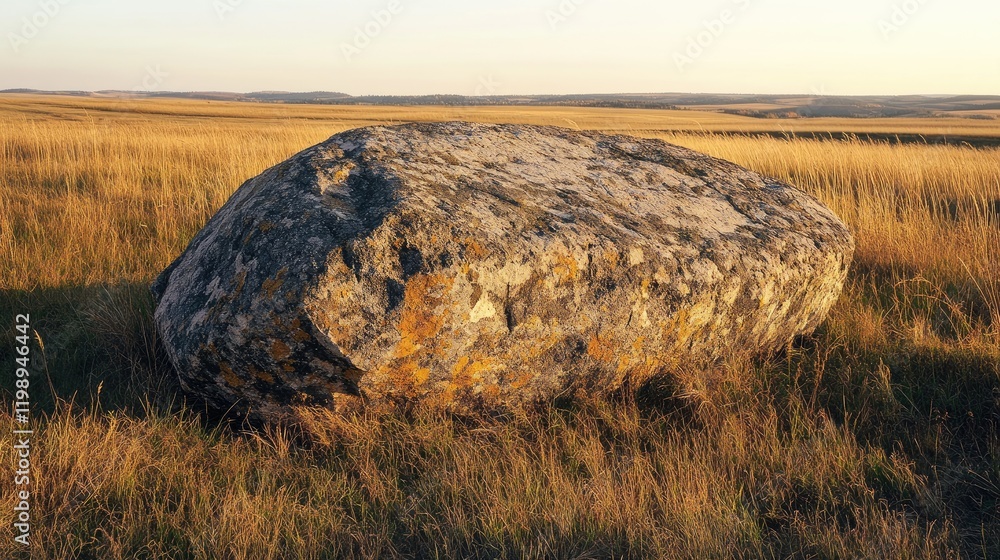 Aufkleber large weathered boulder on grassy landscape with evening light and open fields in background copy sp