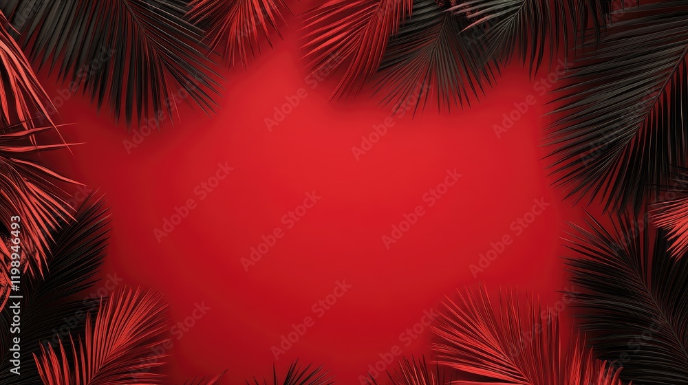 Poster red background with dark green palm leaves framing the edges creating ample copy space in the center