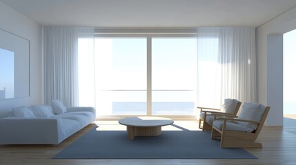 Fototapeta premium Modern minimalist living room interior with ocean view featuring wooden furniture and natural light Copy Space