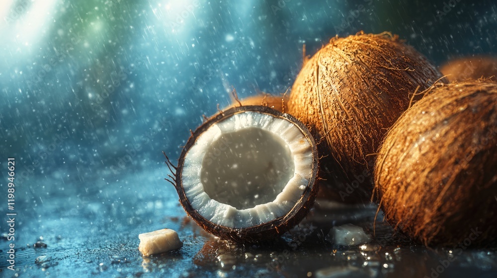 Aufkleber coconuts with water droplets on dark surface illuminated by soft light copy space