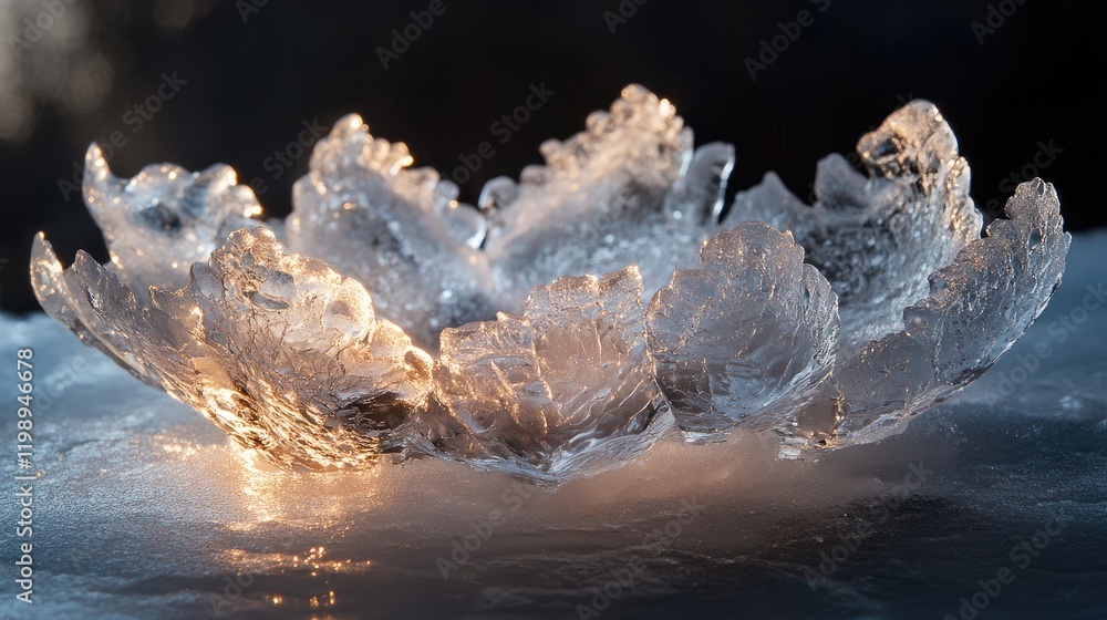 Aufkleber ice sculpture resembling a flower illuminated by natural light with a dark background and ample copy