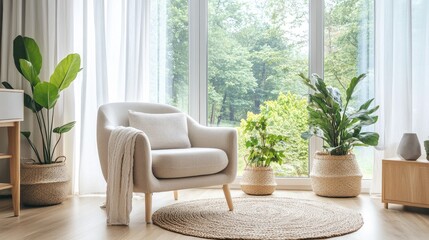 Modern living room with cozy armchair, natural light, indoor plants, and decorative accessories, featuring copy space for text.