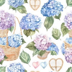 Beautiful seamless watercolor pattern featuring hydrangeas in baskets and hearts