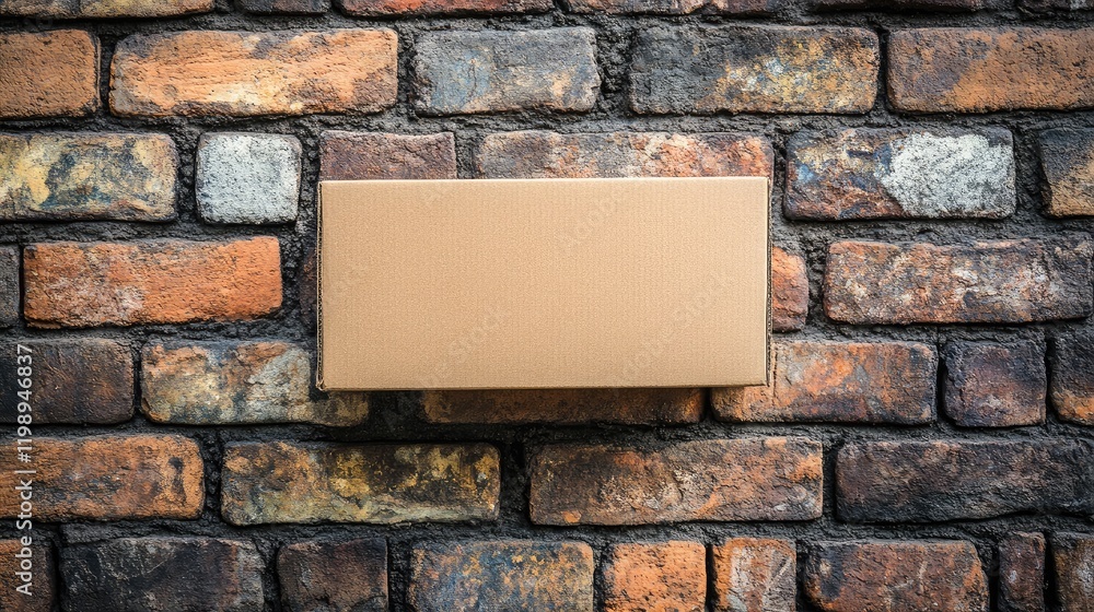 Poster close up view of a plain beige cardboard box mounted on a rustic textured brick wall with warm earth
