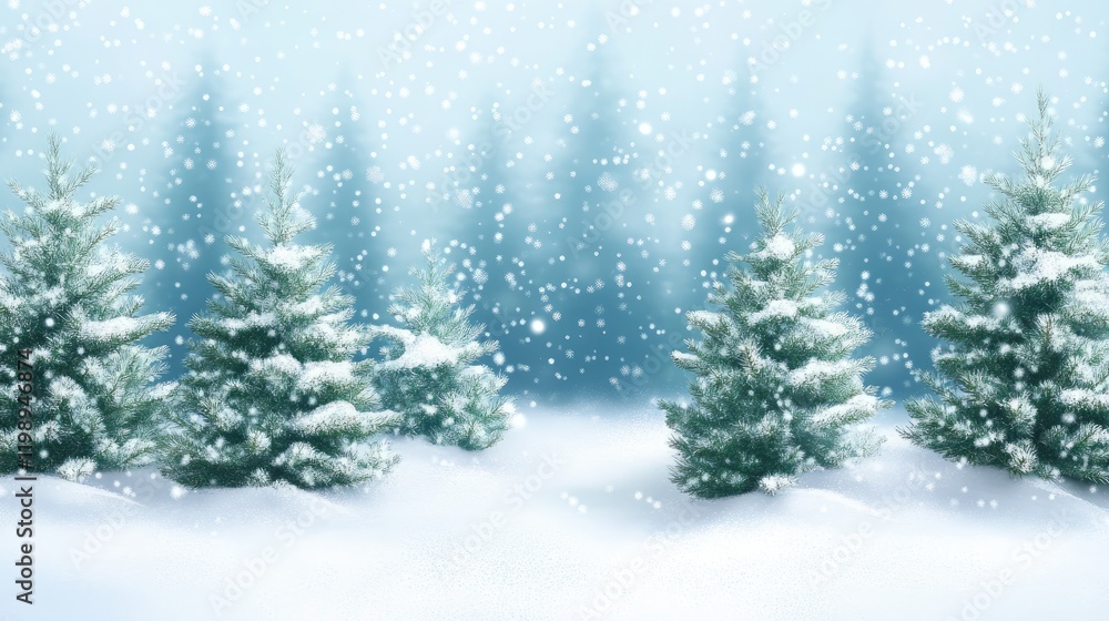 Poster winter landscape with snow-covered evergreen trees in a forest setting with falling snowflakes and s
