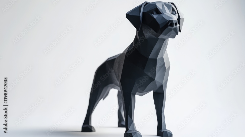 Poster black polygonal model of a dog standing on a light background showcasing geometric shapes and textur