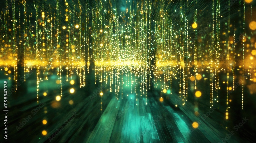 Poster Abstract background of dynamic luminescent particles cascading vertically in a vibrant green and gold color scheme with Copy Space for text.