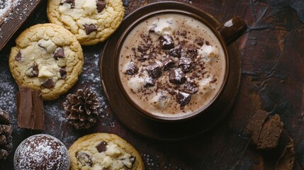 Hot chocolate in a brown mug topped with whipped cream and chocolate chips surrounded by various cookies and dark chocolate on a wooden background Copy Space