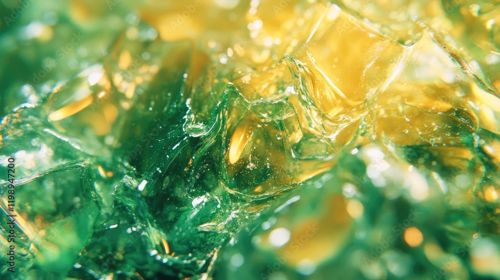 Poster macro image of iridescent green and yellow glass shards with detailed texture and reflections copy s