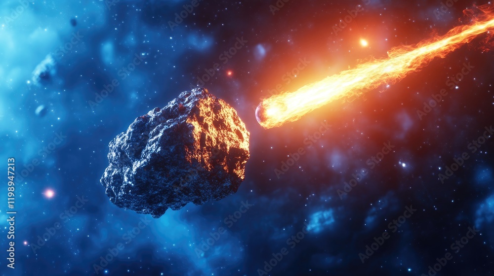 Poster asteroid and comet in deep space with bright trail and colorful cosmic background copy space