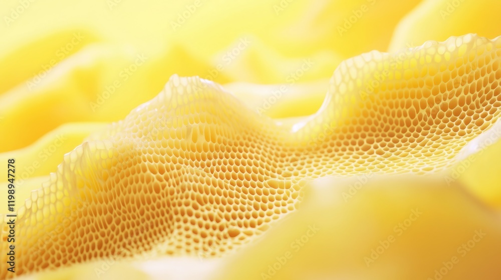Poster macro close-up of textured yellow honeycomb pattern with soft focus and ample copy space for text pl