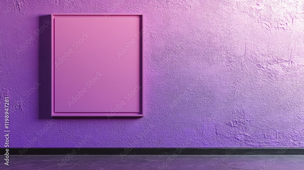 Poster purple textured wall with empty picture frame and copy space for artwork or text placement. 3d rende