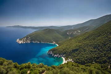 Greece, Overlook of bay of Mount Athos peninsula in summer