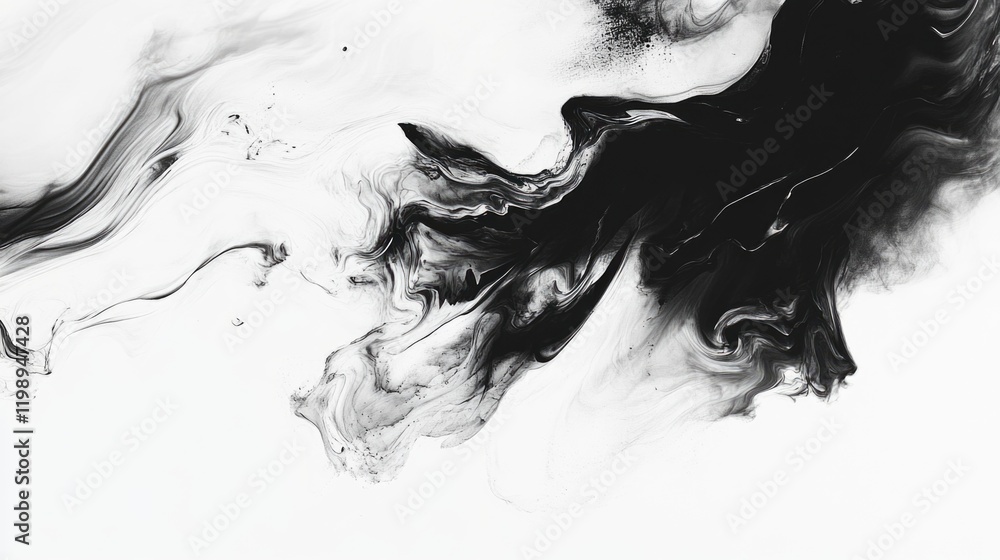 Poster abstract black and white ink swirl texture with fluid patterns on a white background providing copy 