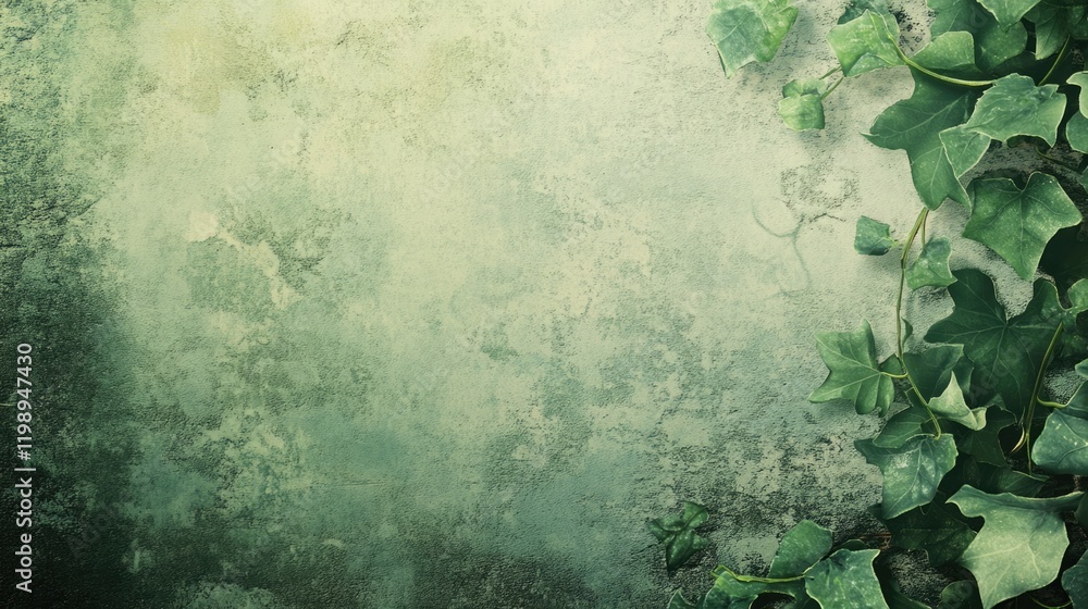 Aufkleber green textured background with ivy leaves in the corner and ample copy space for text placement