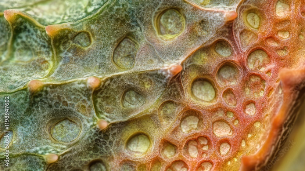 Poster close-up of textured cactus skin showing intricate patterns and color variations with copy space for