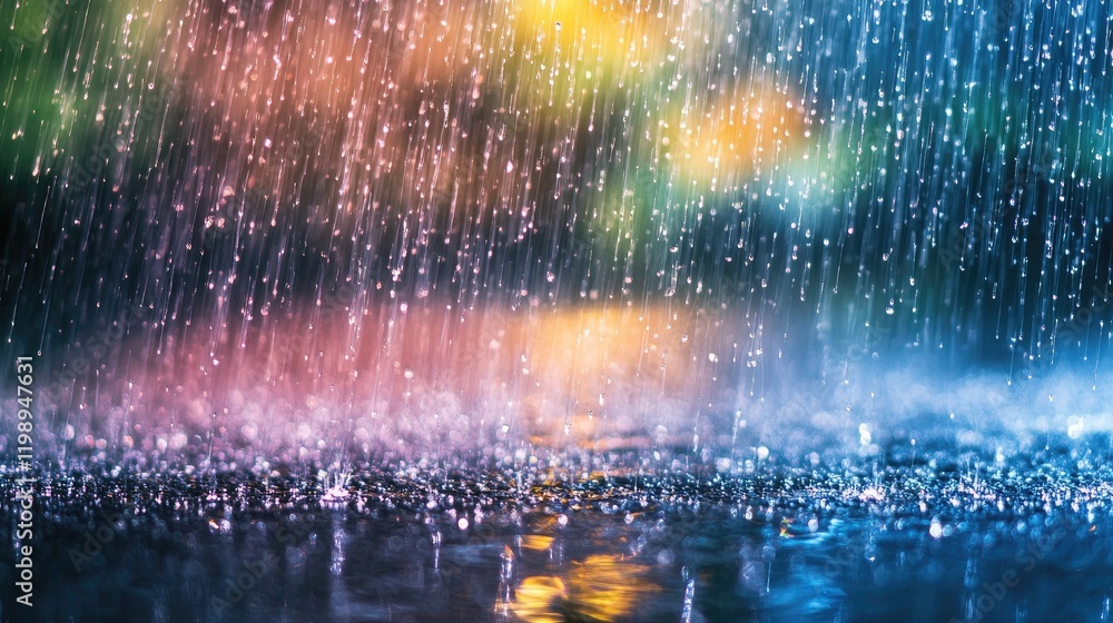 Aufkleber colorful raindrops falling on a wet surface with blurred background lights and copy space for text p