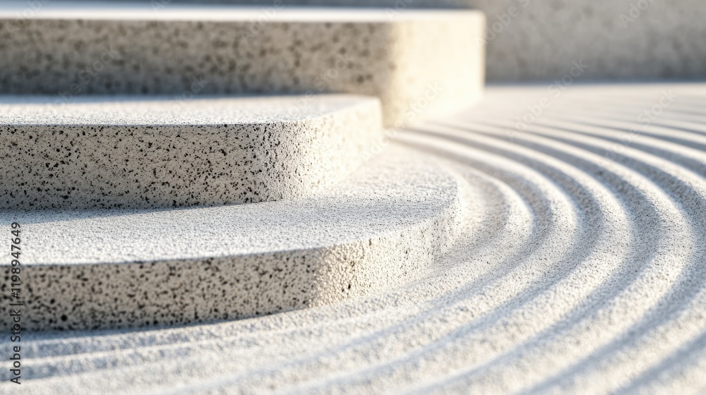 Poster abstract close-up of textured circular stone steps with sand patterns and soft light shadows showcas