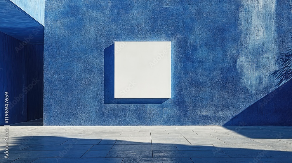 Poster blue textured wall with white square frame and shadow in modern architectural setting copy space