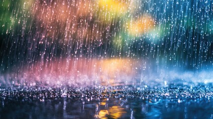 Colorful raindrops falling on a wet surface with blurred background lights and Copy Space for text placement