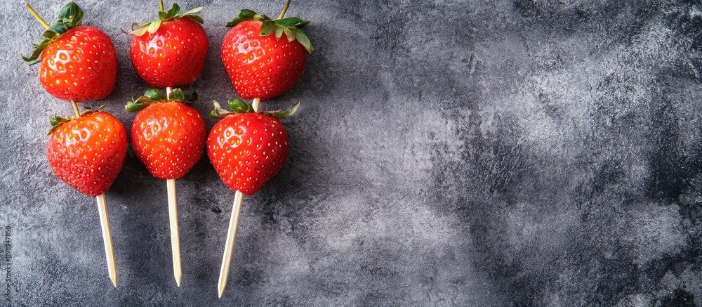 Poster strawberries on skewers arranged on a textured dark background with ample copy space for text or gra