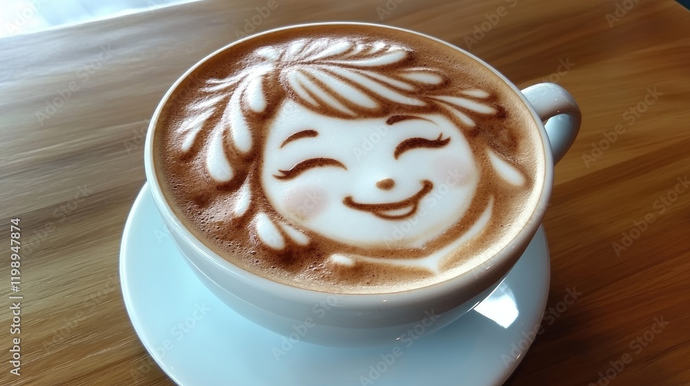 Poster coffee cup with latte art depicting a smiling face on frothy surface placed on a wooden table with c