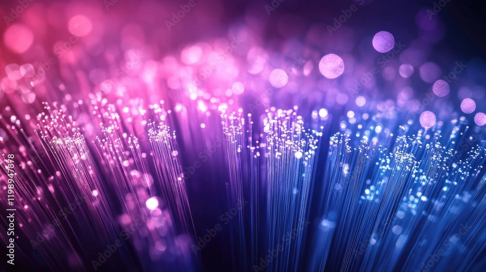 Poster abstract colorful illuminated fiber optic strands with bokeh effect and copy space for technology or