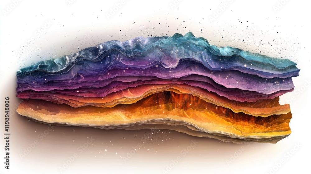 Poster colorful abstract layered rock formation with texture and gradient shades against a white background