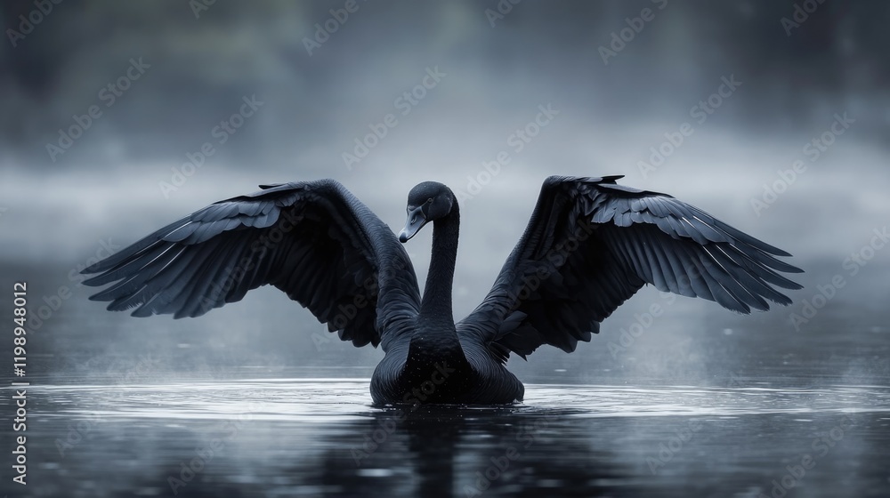 Poster black swan with extended wings on misty water surface displaying tranquility and elegance with copy 