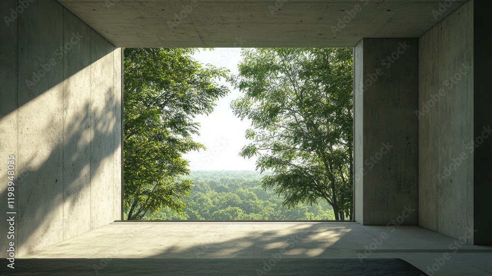 Poster modern architectural interior with large window showcasing trees and natural light in a minimalist c
