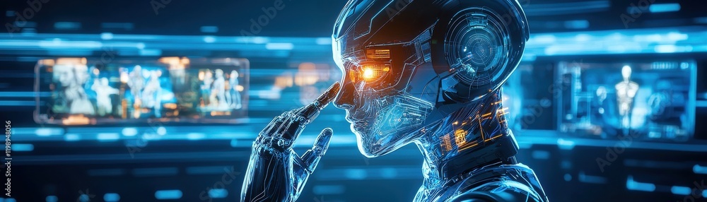 Poster a futuristic robot with glowing eyes interacts with digital screens, showcasing advanced technology 