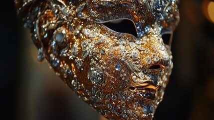 Detailed close-up of an ornate golden and jeweled masquerade mask with intricate designs and...