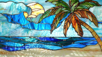 Stained glass window Tropical island with palm trees and sunset sky