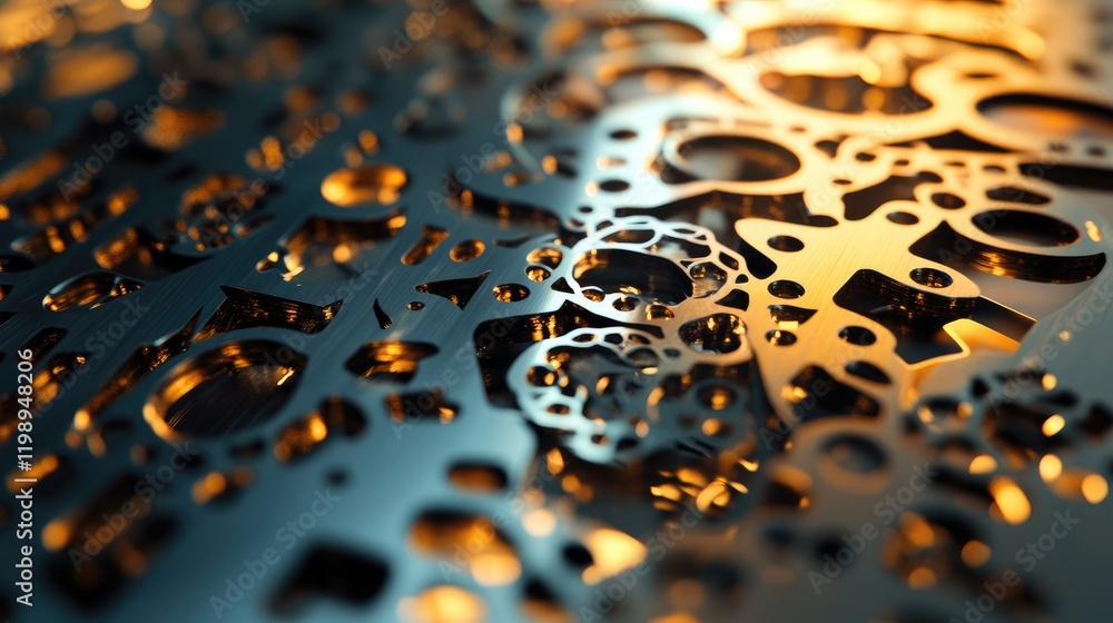 Poster abstract metallic surface with intricate patterns and reflections in gold and blue tones featuring c